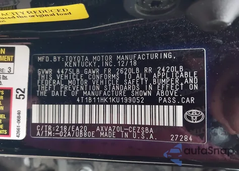 2019 Toyota Camry Se z USA, uszkodzony, nr VIN 4T1B11HK1KU199052